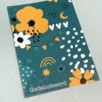 ViaSuuS print petrol/oker , A6 kaart Gefeliciteerd petrol