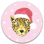 Liefs Karlijn , stickers rond 50mm , Panter met kerstmuts ( per 10 stuks )