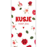 Give X , kadolabel / minikaart `Kusje voor jou` roosjes rood roze