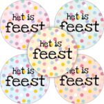 Sticker rond 35mm , `Het is feest confetti` ( mix van 10 stuks )