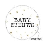 Sticker, zwart wit met gouden hartjes ` Babynieuws `  50mm ( per 10 stuks )