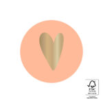 Sticker rond 35mm `Peach` zalm met gouden hartje  ( per 10 stuks )