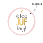 Sticker rond 40mm KP `De beste juf ben jij` roze rand  ( per 10 stuks )