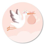 Tante kaartje , sticker 40 mm `Ooievaar roze`  per 10 stuks