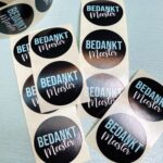 Sticker 35mm `Bedankt meester` zwart met mint en wit  ( per 10 stuks )
