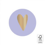 Sticker rond 35mm , `Lavender` zacht paars / lila met gouden hartje  ( per 10 stuks )