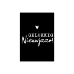 Klein kerst kaartje A7, 74mmx105mm  `Gelukkig nieuwjaar` zwart met wit hartje
