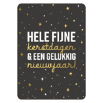 Kerstkaart A6, 148mmx105mm  `Hele fijne kerstdagen en een gelukkig nieuwjaar` zwart wit gouden sterretjes