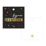 Kerst kadolabel 60mmx60mm `Fijne feestdagen` zwart wit gouden sterretjes