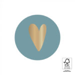 Sticker rond 35mm , `Lake blue` met gouden hartje  ( per 10 stuks )