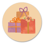 Liefs Karlijn , stickers rond 50mm `3 kadootjes paars / oranje`   ( per 10 stuks )