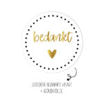 *Winkeltje van Anne , Sticker rond 45mm `Bedankt` goud op wit ( per 10 stuks )
