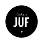 *Liefz , Sticker rond 40mm `Leukste juf` ( per 10 stuks )