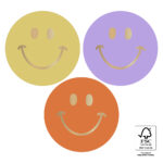 *Sticker 55mm `Smiley` 3 kleuren , geel lila roest  ( mix van 10 stuks )