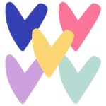 Sticker hartjesvorm 43x50mm , `Vrolijke harten` 5 kleuren ( mix van 10 stuks )