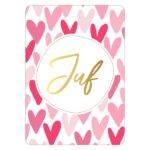 KP , A6 kaart `Juf ` roze hartjesregen