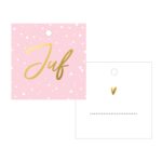 KP kadolabel 60mmx60mm `Juf` roze met goud en witte stipjes