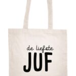 Canvas tas ` De liefste juf ` met zwarte letters ( per stuk )