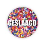 Sticker rond 35mm `Geslaagd` confetti ( set van 10 stuks )