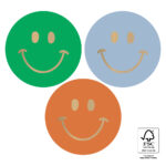 Sticker rond 55mm , `Smiley`s joy`3 kleuren,  Groen roest lichtblauw  ( mix van 10 stuks )
