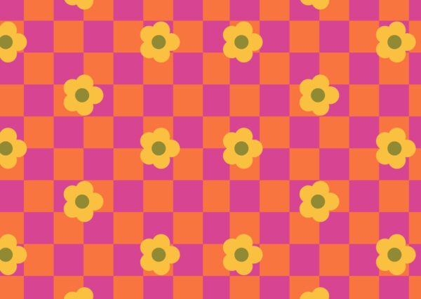 Studio Pippa, A6 kaart ` Gele bloemetjes op oranje/roze geblokte achtergrond` - Afbeelding 1