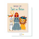 JUDITH maakt , A6 kaart ` Groetjes van Sint en Pieten` zebra nijlpaard leeuw