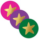 Sticker rond 50mm  , `FUNKY`Sterren in 3 kleuren roze paars groen  ( mix van 10 stuks )