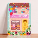 Aniet Illustration, kaart A6 `Happy birthday` huis slingers ballonnen met blauwe achtergrond