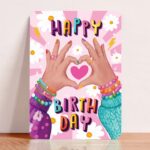 Aniet Illustration, kaart A6 `Hartjes handen Happy Birthday ` verjaardag