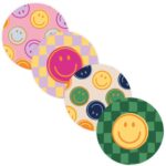 *KP Sticker rond 50mm`Smiley`s op grid`   ( mix van 10 stuks )
