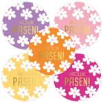 KP Sticker rond 50mm`Vrolijk pasen` bloemetjes roze paars oranje geel   ( mix van 10 stuks )