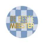 KP Sticker 50mm `De beste meester` blauwe blokprint met gouden letters ( set van 10 stuks )