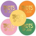 KP Sticker 40mm `Trots op jou` groen paars oranje geel roze met gouden letters  ( mix van 10 stuks )