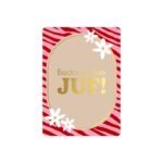 KP klein kaartje A7 , `Bedankt lieve juf` roze zebra streepje met beige ovaal en gouden letters