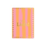 KP klein kaartje A7 , `Veel liefs` oranje roze verticale streep, gouden hartjes