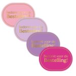 Sticker ovaal 43x59mm , `Bedankt voor de bestelling`paars roze  ( mix van 10 stuks )