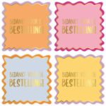 Sticker vierkant met kartelrand 60x60mm , `Bedankt voor de bestelling`oranje roze geel blauw  ( mix van 10 stuks )