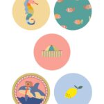 Sticker rond 50mm `Wonders of the deep sea` visjes zeepaardje walvis / stickey lemon ( mix van 10 stuks )