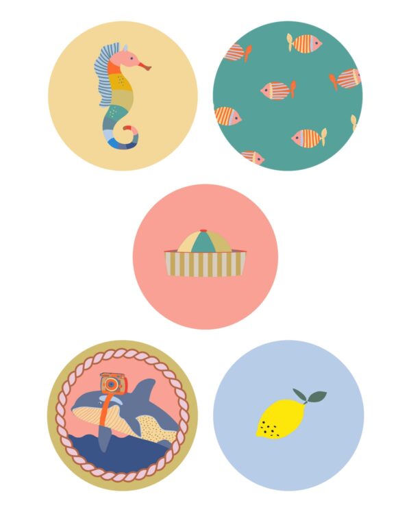 Sticker rond 50mm `Wonders of the deep sea` visjes zeepaardje walvis / stickey lemon ( mix van 10 stuks ) - Afbeelding 1