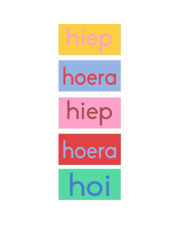 Sticker rechthoek 50mm x 25mm `Letters hiep hoera` / ontwerp Jantien Baas  ( mix van 10 stuks ) - Afbeelding 1