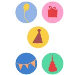 Sticker rond 40mm `Feest` hoedje kadootje ballon slinger / ontwerp Jantien Baas  ( mix van 10 stuks )