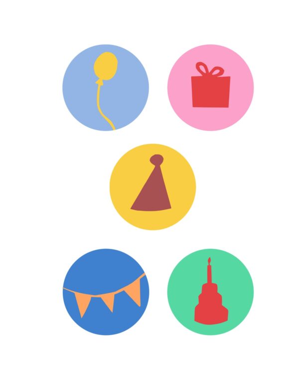 Sticker rond 40mm `Feest` hoedje kadootje ballon slinger / ontwerp Jantien Baas  ( mix van 10 stuks ) - Afbeelding 1