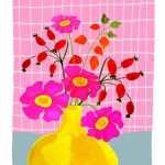 Kaartenpret, A6 kaart van karton `Gele vaas met roze en rode bloemen`