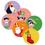 Sticker rond 50mm , `Sint piet paard` roze groen oranje geel paars  ( mix van 10 stuks )