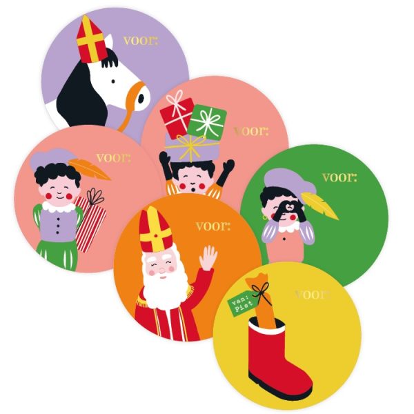 Sticker rond 50mm , `Sint piet paard` roze groen oranje geel paars  ( mix van 10 stuks ) - Afbeelding 1