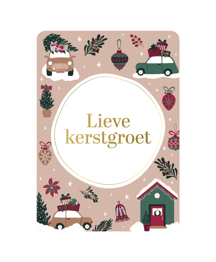 Afbeelding 11 KP Kerst Kaart A6 `Lieve kerstgroet` warme kleuren autootjes huisje - Afbeelding 1
