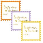 Sticker vierkant 50mm , `Liefs van Sint voor... postzegel` oranje geel paars  ( mix van 10 stuks )