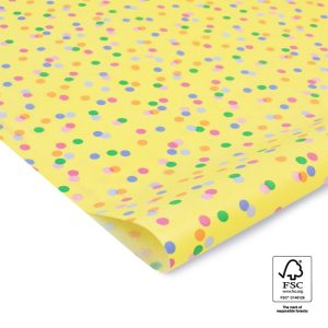 Vloeipapier zijdepapier `Party confetti` gekleurde confetti op gele basis   ( per 2 vellen )