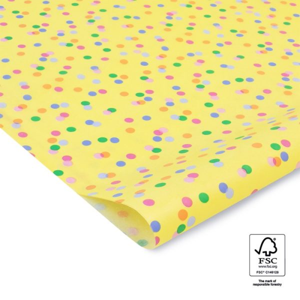Vloeipapier zijdepapier `Party confetti` gekleurde confetti op gele basis   ( per 2 vellen ) - Afbeelding 1