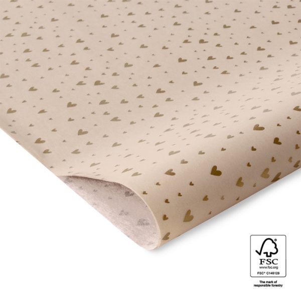 Vloeipapier zijdepapier `Hearts gold ` beige met gouden hartjes  ( per 2 vellen ) - Afbeelding 1